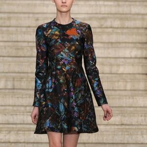 ERDEM Patchwork Multicolor Jewel-Tone Long Sleeve A-Line Dress